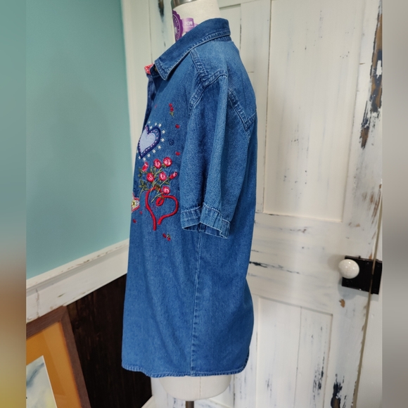 Bobbie Brooks heart embroidery denim button up shirt - Picture 2 of 8